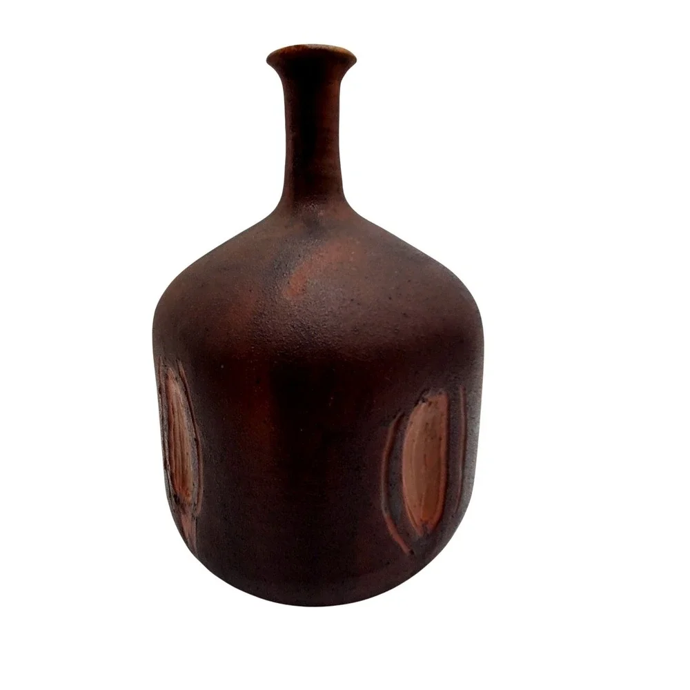Scandinavian Bottle Neck Art Pottery Vase Modern Ceramic Matte Brown Mid Century